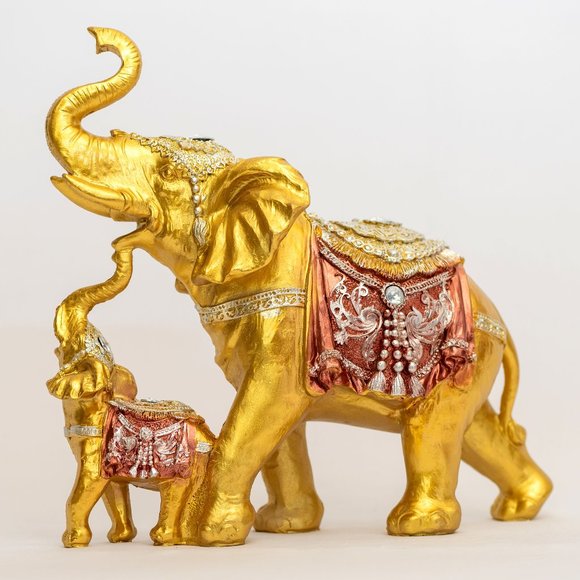 Baby and Mama Elephant Statue With Trunk Facing Upwards Collectible Wealth Lucky - Picture 1 of 7